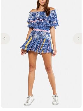 MISA Blue Patchwork Off Shoulder Ruffle Mini Dress Size L